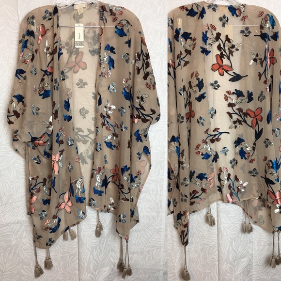 Japna Tops - NWT JAPNA velvet floral sheer kimono tassels